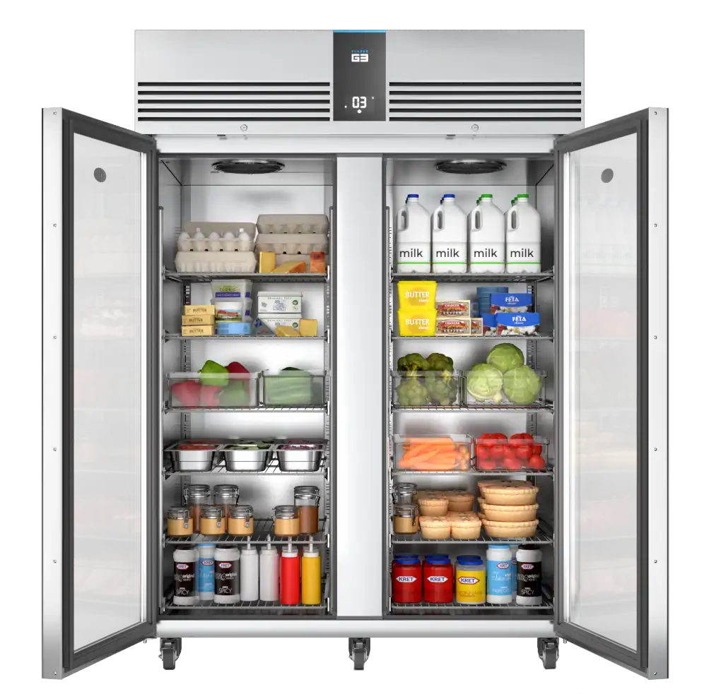 Foster-1350-Ltr-Glass-Door-Cabinet-Refrigerator-EP1440H-Front-On-Doors-Open